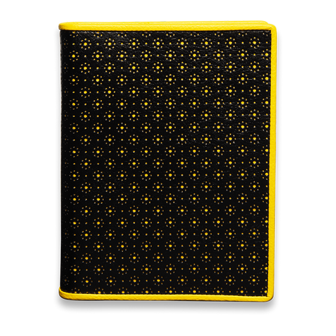 Handgemachtes dot. Designbuch perforiertes schwarzes Arizona-Rindleder gelb