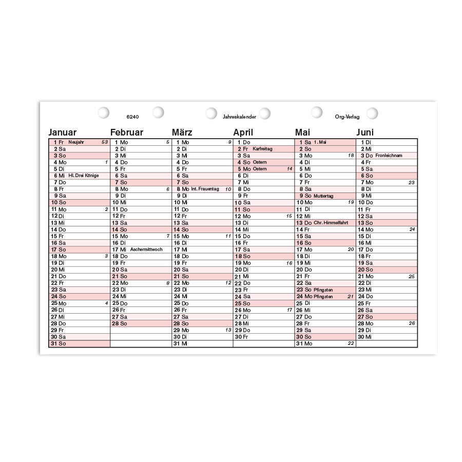 Jahreskalender 2 Seiten pro Jahr aus Karton Piccolo Junior DIN A5 Feiertage farblich  Jahreskalender 2 Seiten pro Jahr aus Karton Piccolo Junior DIN A5 Feiertage farblich