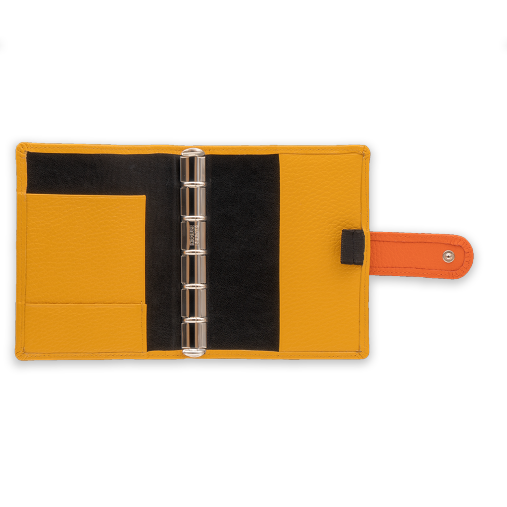 Das Bunte Ringbuch in Gelb mit blauer Lasche offen Inhalt Das Bunte Ringbuch in Gelb mit blauer Lasche offen Inhalt