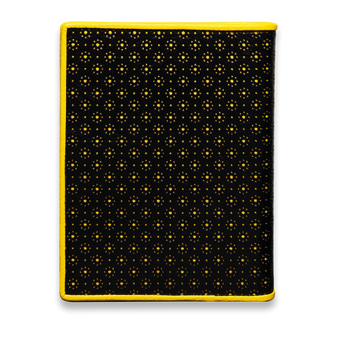 Handgemachtes dot. Designbuch perforiertes schwarzes Arizona-Rindleder in gelb