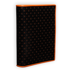 Handgemachtes dot. Designbuch perforiertes schwarzes Arizona-Rindleder orange unterlegt