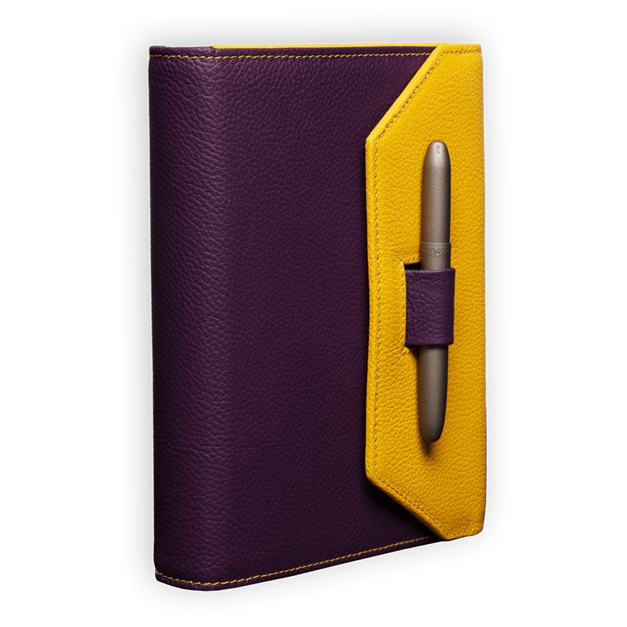 Handgefertigtes Ringbuch in verschiedenen Farbkombinationen Diplomat Kugelschreiber lila gelb